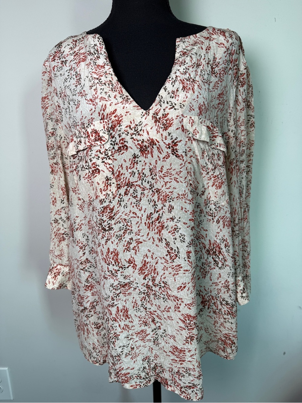 Banana Republic Heritage Silk Blouse Ivory Rust Abstract Botanical Print Sz XL